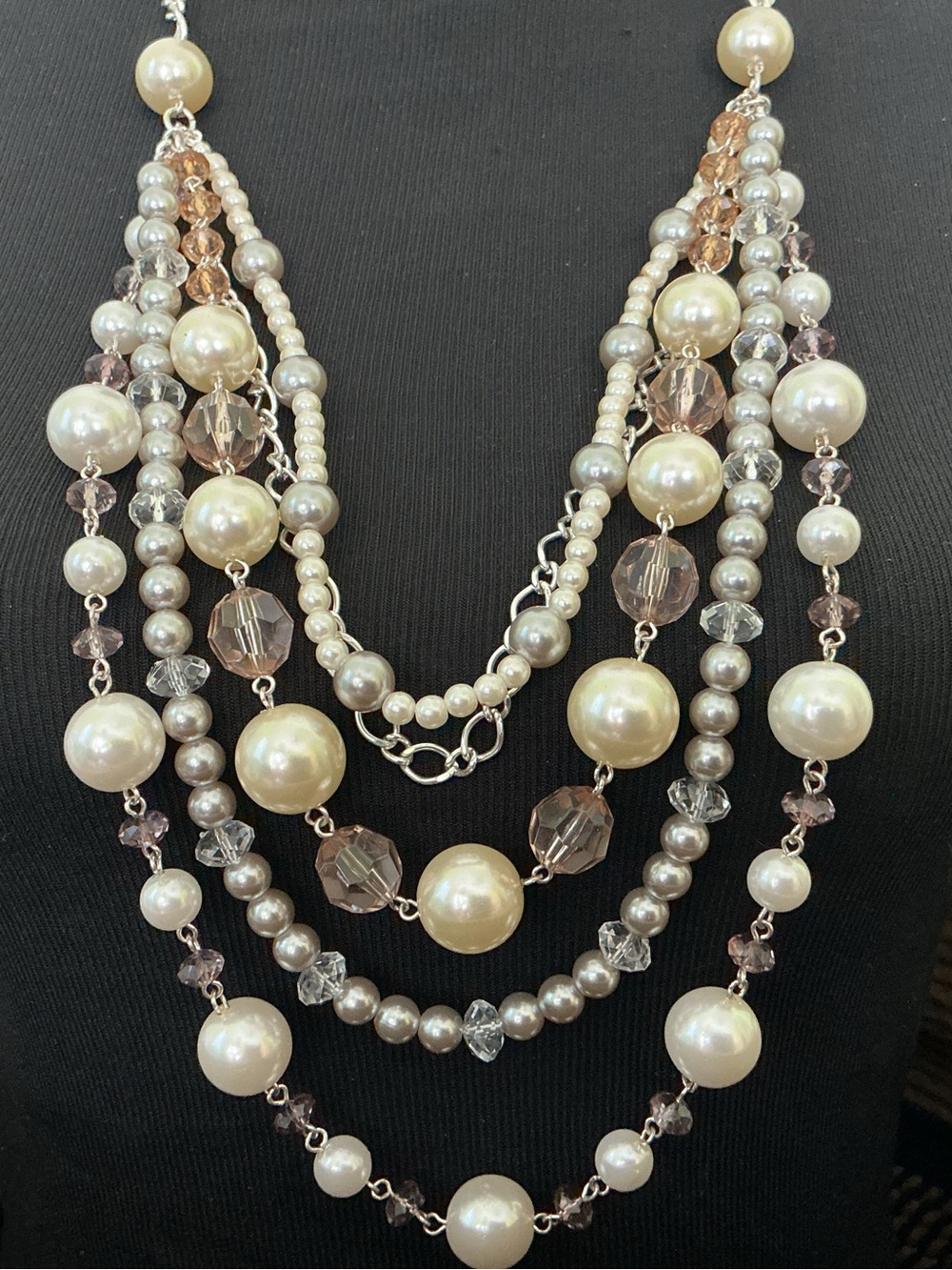 Avon SAQ Multi Layered Silver Tone Faceted Champagne Beaded Necklace